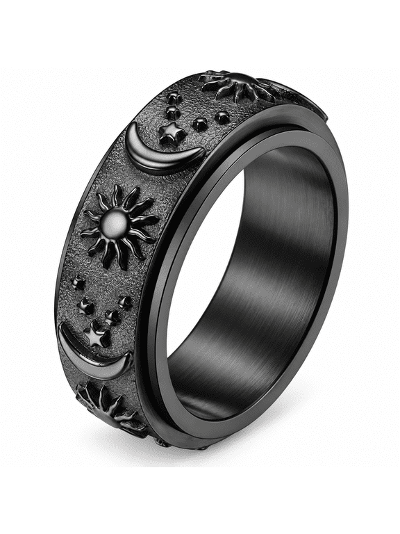 Men’s Stainless Steel Sun Moon Star Spinner Ring, Celestial Pattern, Textured Band, Sizes 6-13, Graphic Style for Daily Wear, Parties and Casual Outings, Birthday Gift