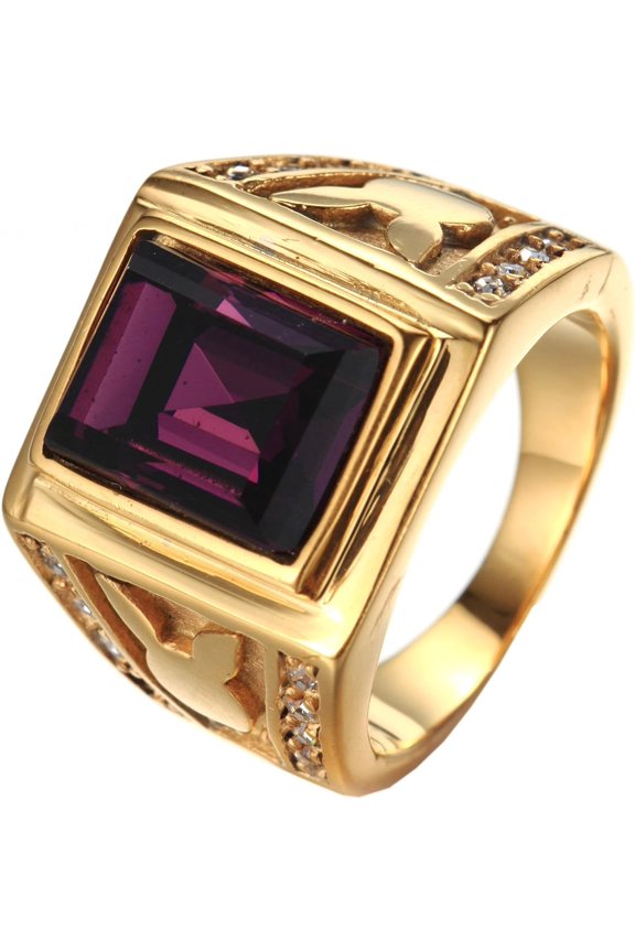 Men's Stainless Steel Wide Birthstone Gemtone Gold Rings with Rabbit Pattern