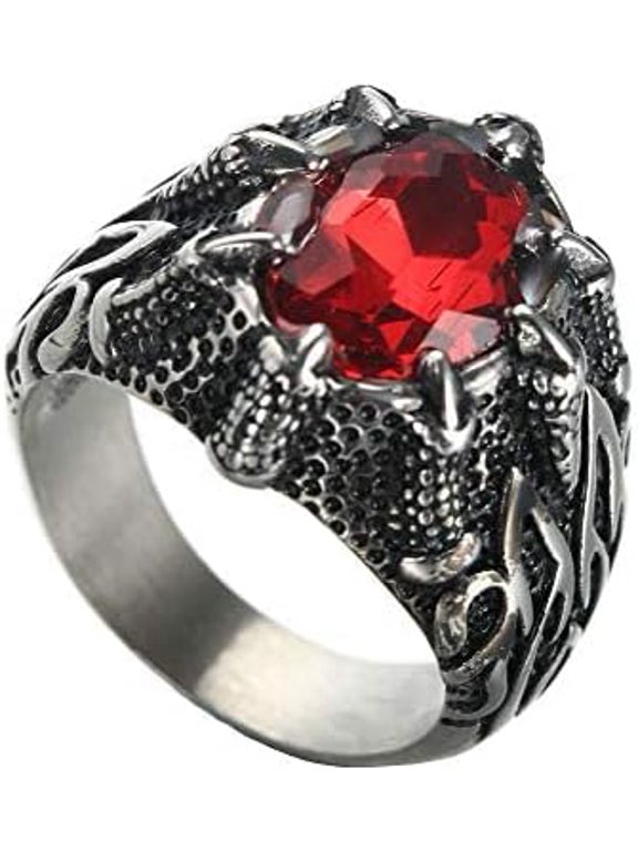 Mens Stainless Steel Dragon Claw Big Stone Rings Inlay | Vintage Gothic Biker Black Plated, Gemstone Inlay