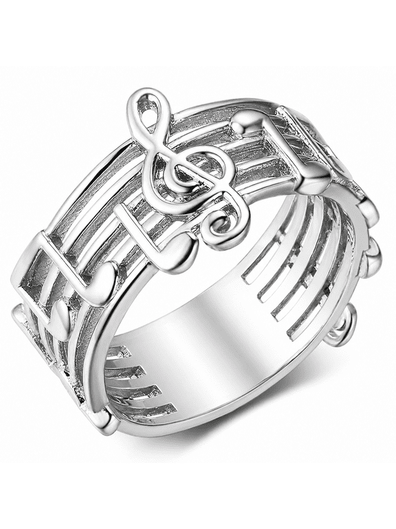 Musical Note Ring Stainless Steel Music Staff Statement Ring, Treble Clef Silver Tone Band for Music Lovers, Music Teacher, Singer, Musician, US Sizes 5-12