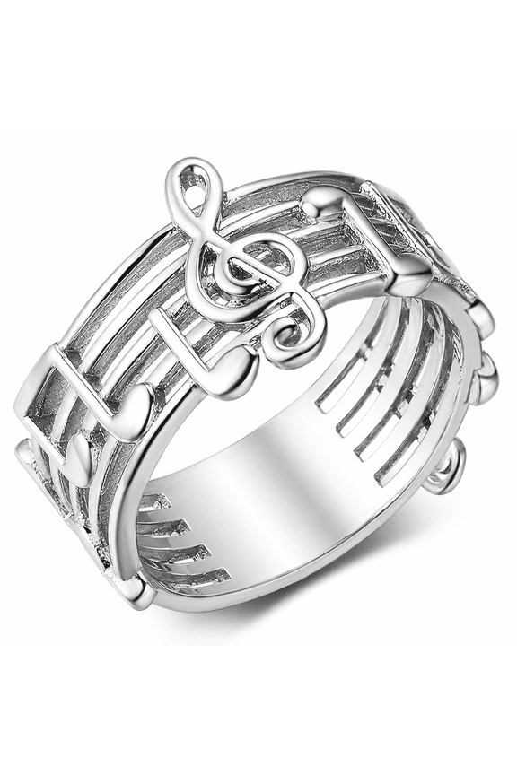 Musical Note Ring Stainless Steel Music Staff Statement Ring, Treble Clef Silver Tone Band for Music Lovers, Music Teacher, Singer, Musician, US Sizes 5-12