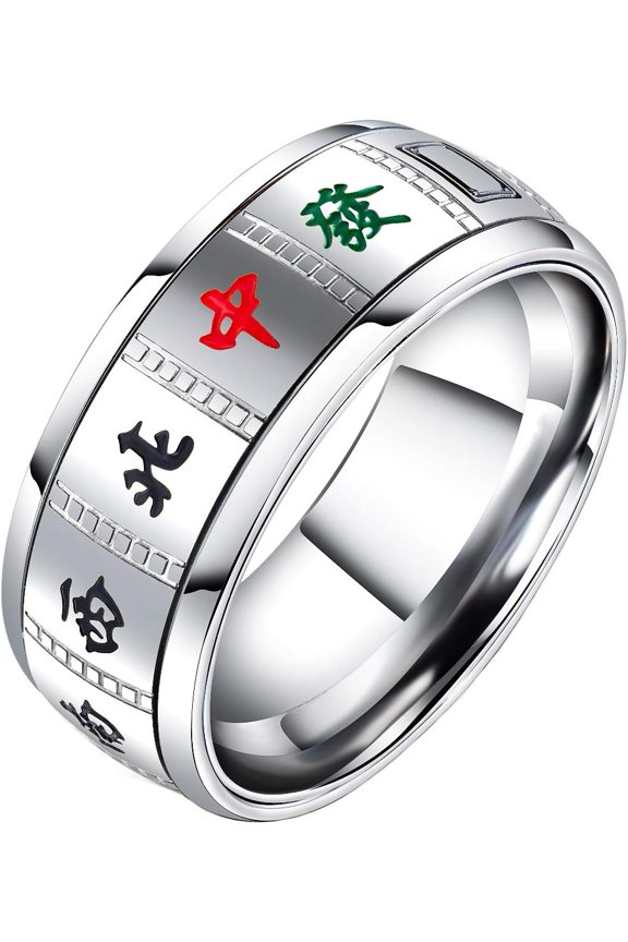 Unisex Stainless Steel Creative Chinese Mahjong Design Spinner Ring Good Luck Rings Band for Men Women