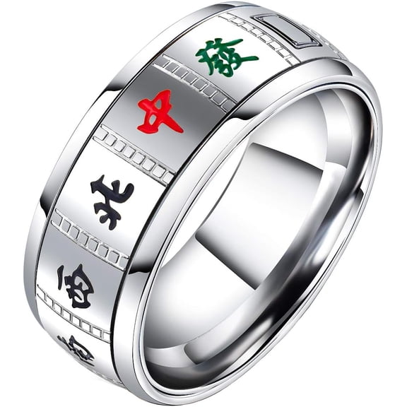 Jiaoiudi Unisex Stainless Steel Creative Chinese Mahjong Design Spinner Ring Good Luck Rings Band for Men Women