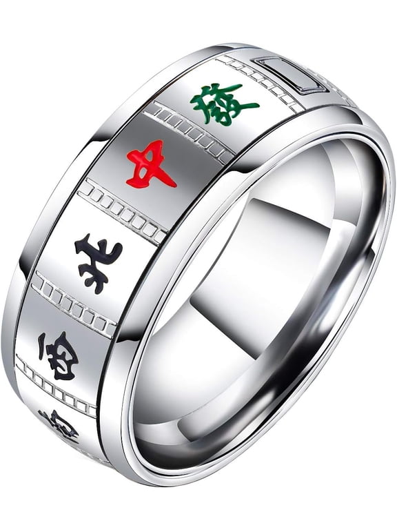 Unisex Stainless Steel Creative Chinese Mahjong Design Spinner Ring Good Luck Rings Band for Men Women