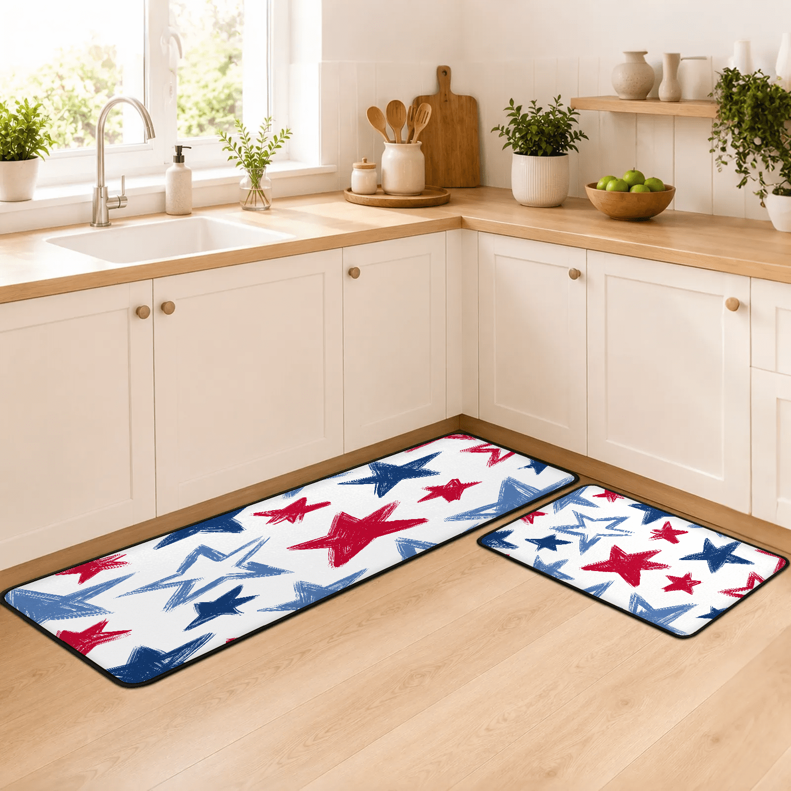 Colorful Kitchen Sink Rug Jiaoprinted 2 Pack Red and Blue Star Kitchen Rug Set, Non-Slip ...