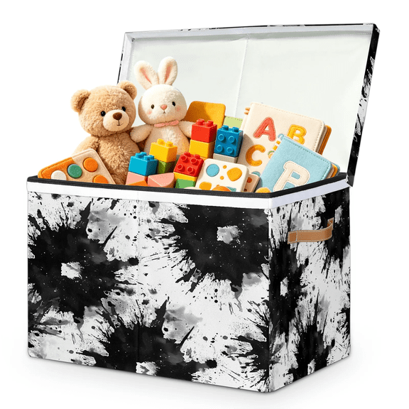 Jiaoprinted Abstract Tie-Dye Large Toys Storage Box with Lid and Divider, Black and White Foldable Toys Storage Organizer, Stackable Storage Container Home Organization, 85L