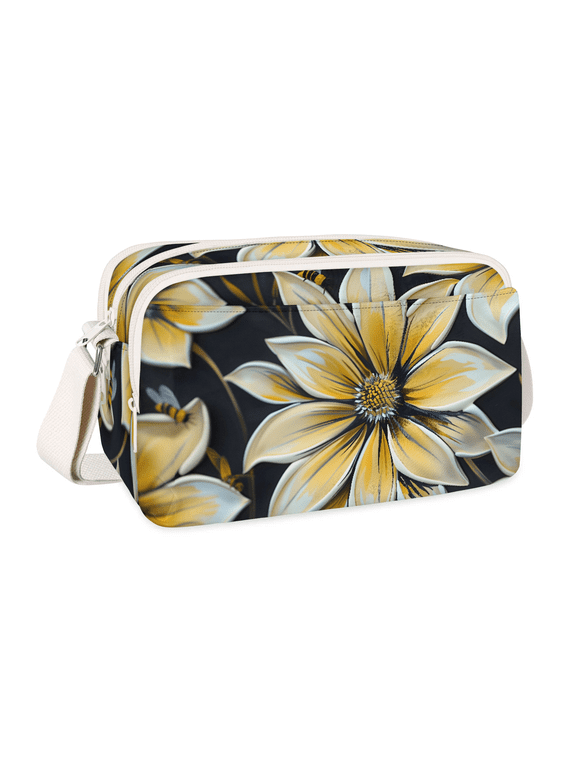 Abstract Yellow Flowers Crossbody Bag for Women, Bees Multi Pocket Shoulder Purse, Waterproof Lightweight Casual Handbag with Adjustable Strap for Travel Everyday