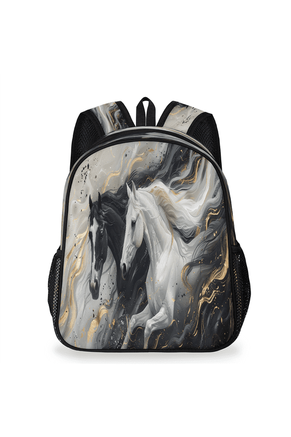 Adult Black and White Horse Backpack, Casual Daypack with Adjustable Shoulder Straps, Marble Laptop Backpack for Work Travel Outdoor