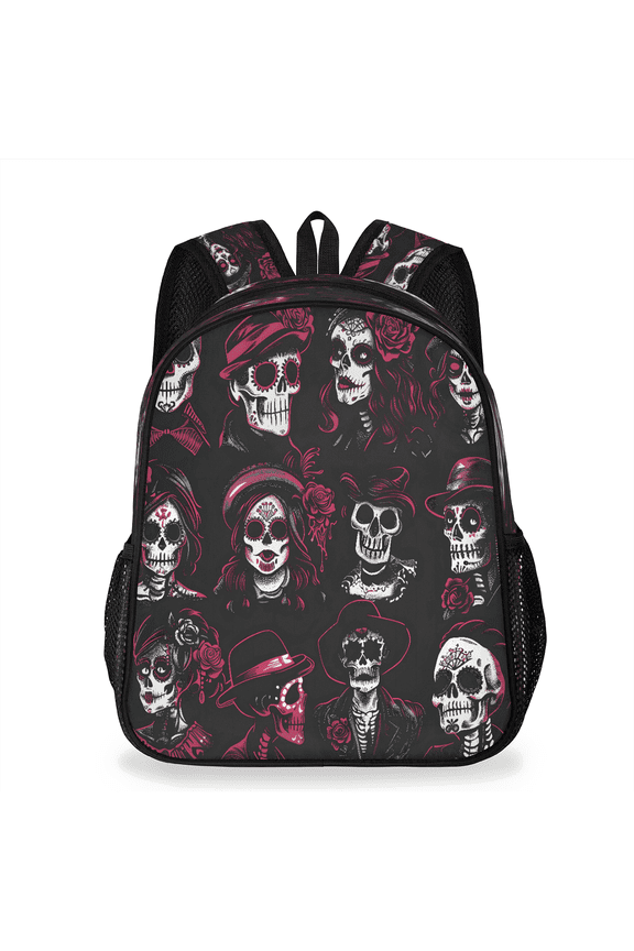 Adult Day of the Dead Sugar Skeleton Travel Backpack, Casual Daypack with Adjustable Shoulder Straps, Skulls Hats Roses Laptop Backpack