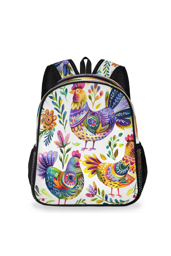 Adult Farmhouse Rooster Travel Backpack, Casual Daypack with Adjustable Shoulder Straps, Boho Colorful Chicken Floral Laptop Backpack