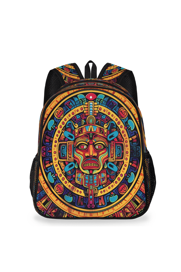 Adult Mexican Travel Backpack, Casual Daypack with Adjustable Shoulder Straps, Aztec Sun Stone Calendar Laptop Backpack