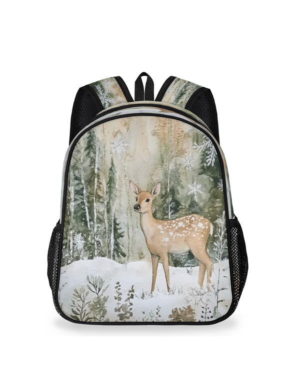Adult Winter Forest Deer Travel Backpack, Casual Daypack with Adjustable Shoulder Straps, Woodland Fawn Snowflakes Laptop Backpack