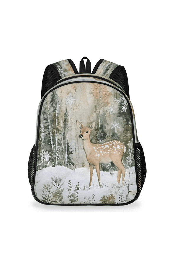 Adult Winter Forest Deer Travel Backpack, Casual Daypack with Adjustable Shoulder Straps, Woodland Fawn Snowflakes Laptop Backpack