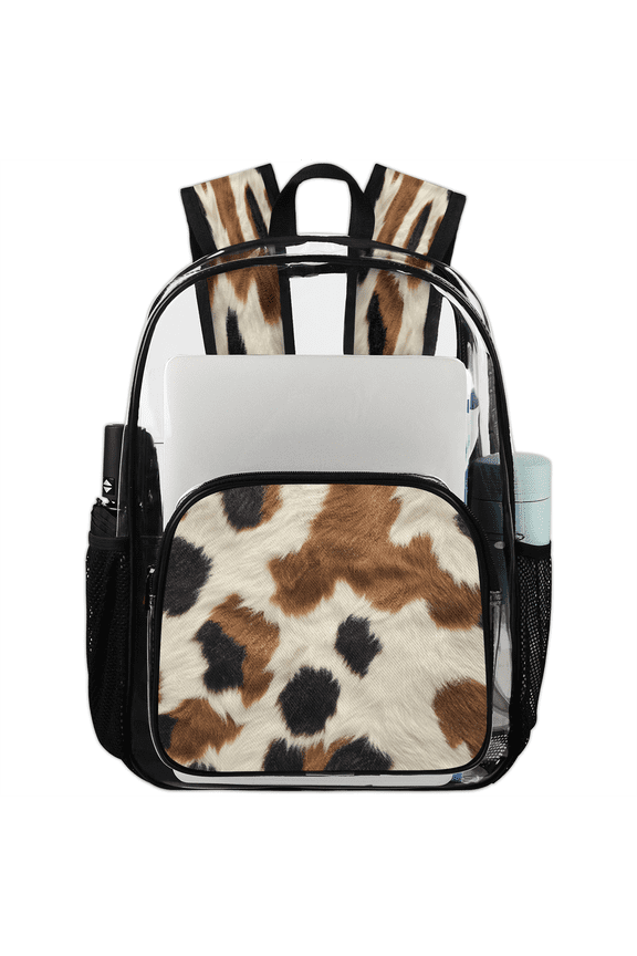 Animal Fur Texture Clear Backpack for Stadium Events, Brown and White Transparent Plastic Bag for Games, Security Checks, Festivals, Concerts