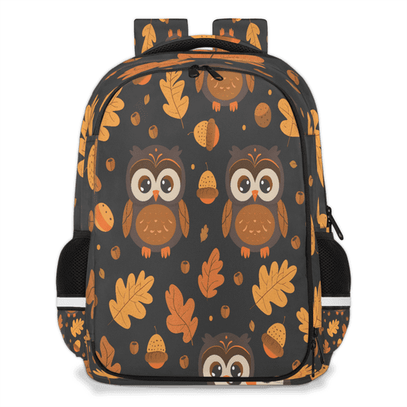Jiaoprinted Autumn Owls Leaves Multi-Functional Backpack, 16" Waterproof Travel Casual Daypack with Reflective Strip, Cute Fall Bird Work Laptop Backpack for Men Women