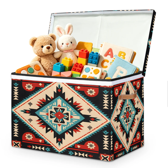 Jiaoprinted Aztec Flower Large Toys Storage Box with Lid and Divider, outhwestern Western Foldable Toys Storage Organizer, Stackable Home Organization, 85L