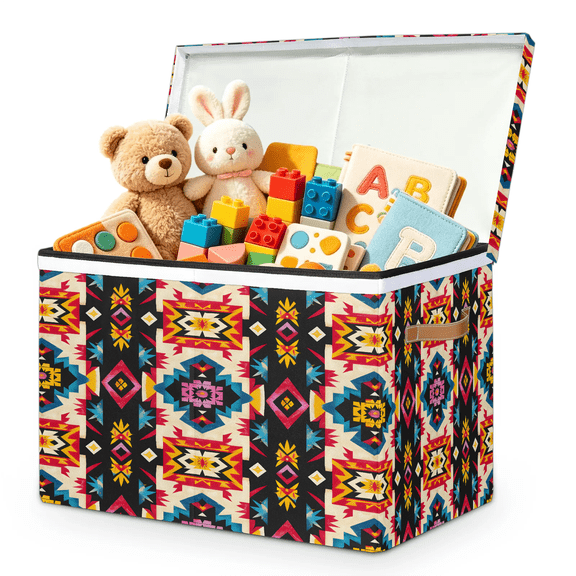 Jiaoprinted Aztec Toy Storage Box Chest with Lid & Divider, Southwestern Western Foldable Toy Organizer Bin with Sturdy Handles for Nursery Living Room, 85L, 25"x13"x16"