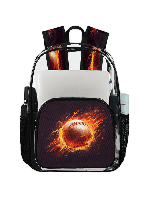 Baseball Clear Backpack for Stadium Events, Fiery Softball Sports Transparent Plastic Bag for Games, Security Checks, Festivals, Concerts