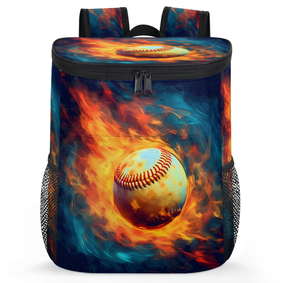 Jiaoprinted Baseball Leakproof Cooler Backpack, Orange and Blue Flames Insulated Backpack Cooler for Outdoor