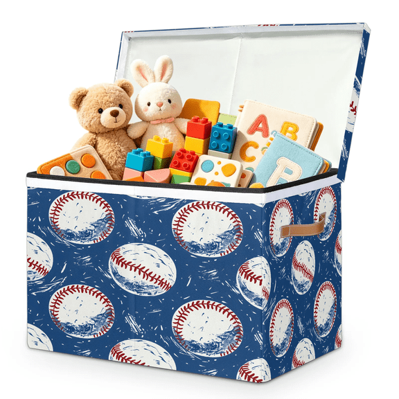 Jiaoprinted Baseballs Large Toys Storage Box with Lid and Divider, Retro Sports Foldable Toys Storage Organizer, Stackable Home Organization, 85L
