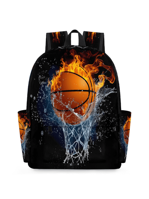 Basketball and Hoop Backpack, Lightweight 15 Inch Laptop Backpack for Men Women, Casual Daypack for Travel Work, Fire and Water Basketball