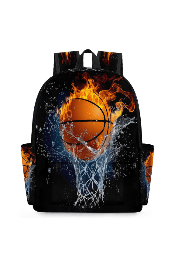 Basketball and Hoop Backpack, Lightweight 15 Inch Laptop Backpack for Men Women, Casual Daypack for Travel Work, Fire and Water Basketball