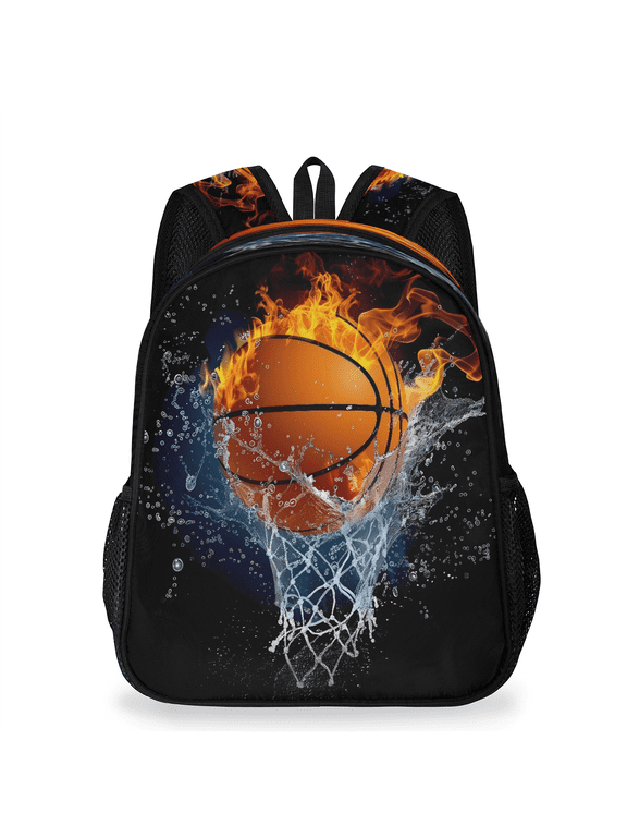 Basketball and Hoop Backpack, Lightweight Casual Daypack with Chest Strap & Water Bottle Pockets, Fire and Water Basketball Sports Travel Bag for Work