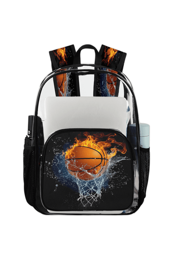 Basketball and Hoop Clear Backpack for Stadium Events, Fire and Water Basketball Transparent Plastic Bag for Games, Security Checks, Festivals, Concerts