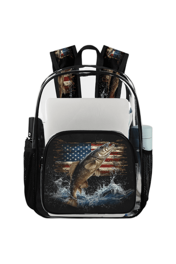 Bass Fish Clear Backpack for Stadium Events, American Flag Transparent Plastic Bag for Games, Security Checks, Festivals, Concerts