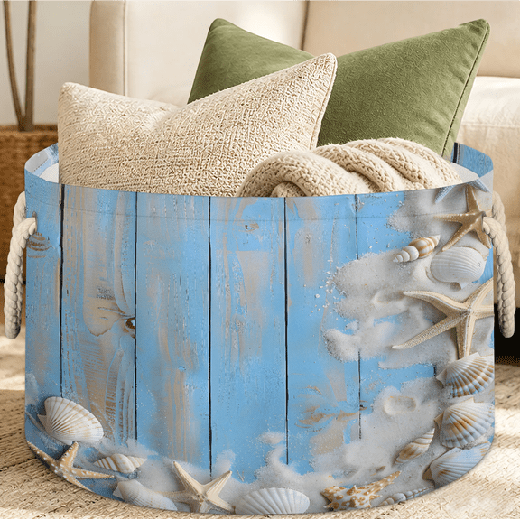 Jiaoprinted Beach Wooden Large Round Collapsible Storage Basket, 65L Fabric Storage Organizer Bin with Handles for Blankets Linens Clothes, 19.4" x 13.3" Seashells Starfish
