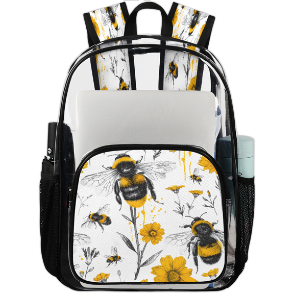 Jiaoprinted Bee Clear Backpack for Stadium Events, Transparent Backpacks See Through Plastic Bag for Concerts & Work, Yellow Flowers