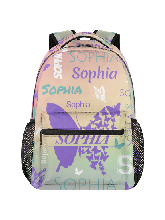 Beige Purple Green Butterfly Custom Backpack, Butterflies Personalized Backpack with Name, Customized Casual Bag Daypack for Woman