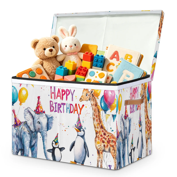 Jiaoprinted Birthday Party Animals Large Toy Storage Box with Lid and Divider, Happy Birthday Foldable Toy Storage Organizer, Stackable Storage Container Home Organization, 85L