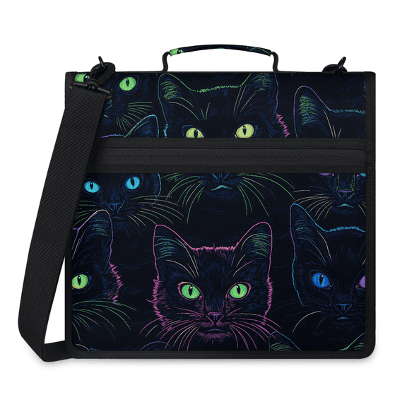 Jiaoprinted Black Cat Zipper Binder, Cats 3 D-Ring Binder, Multi-Pocket Expanding Organizer Bag with Handle and Shoulder Strap for Travel Work