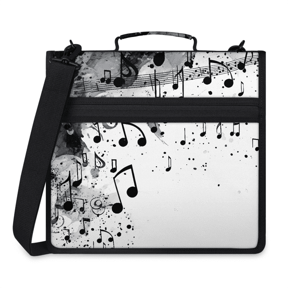 Jiaoprinted Black Music Notes Zipper 3 D-Ring Binder Bag with Shoulder Strap, Watercolor Musical Waterproof Expanding Binder, Multi-Pocket Portfolio Organizer Case