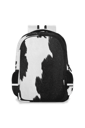 Black and White Cowhide Print Multi-Functional Backpack, 16" Waterproof Travel Casual Daypack with Reflective Strip, Cowhide Print Work Laptop Backpack for Men Women