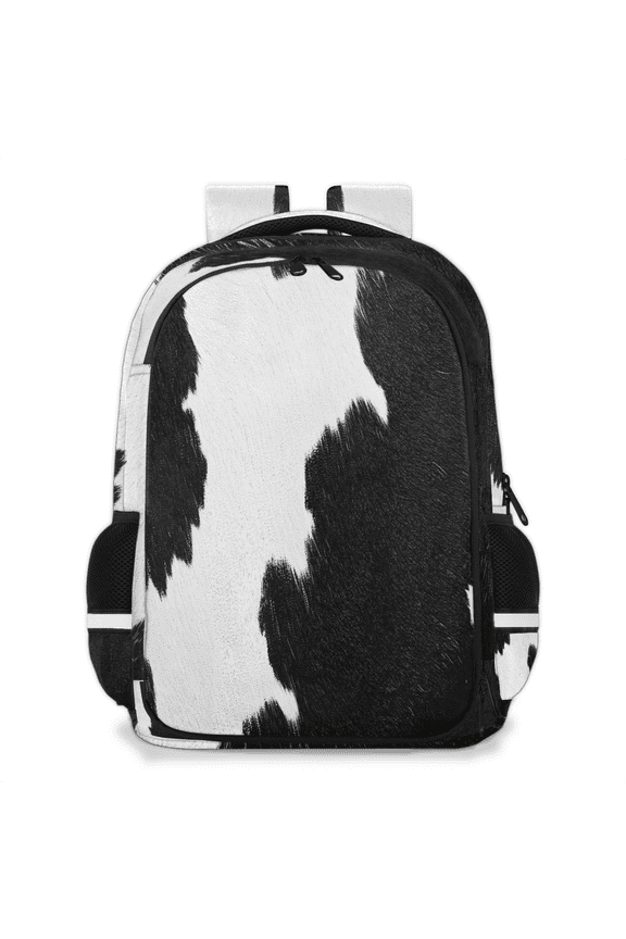Black and White Cowhide Print Multi-Functional Backpack, 16" Waterproof Travel Casual Daypack with Reflective Strip, Cowhide Print Work Laptop Backpack for Men Women