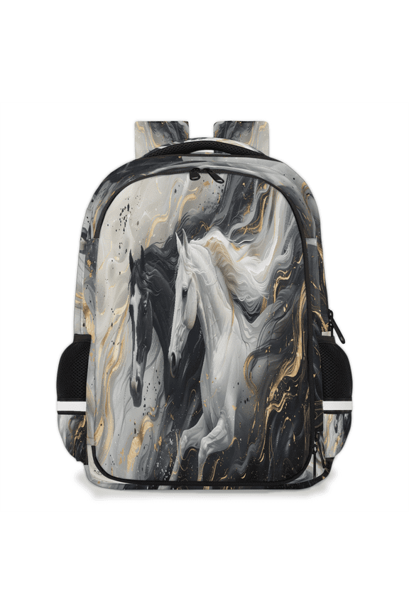 Black and White Horse Travel Backpack for Adults, Multi-Functional Casual Daypack with Adjustable Shoulder Straps, Marble Laptop Bag for Work Outdoor