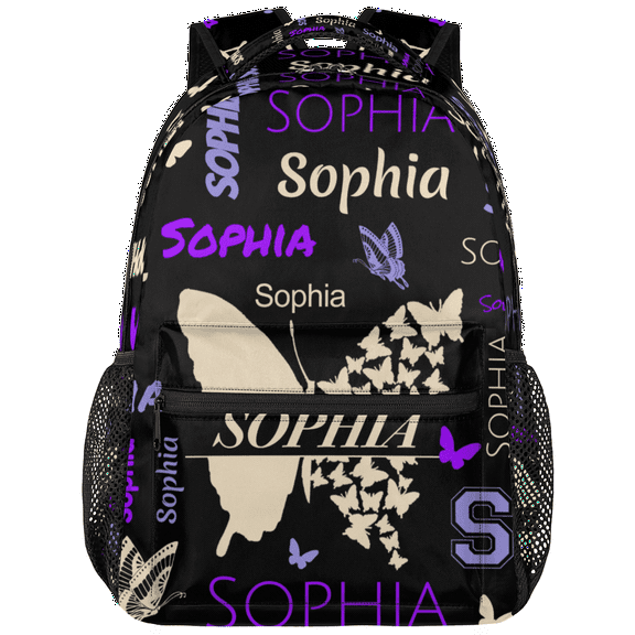 Jiaoprinted Black White Purple Butterfly Custom Backpack, Butterflies Personalized Backpack with Name, Customized Casual Bag Daypack for Woman