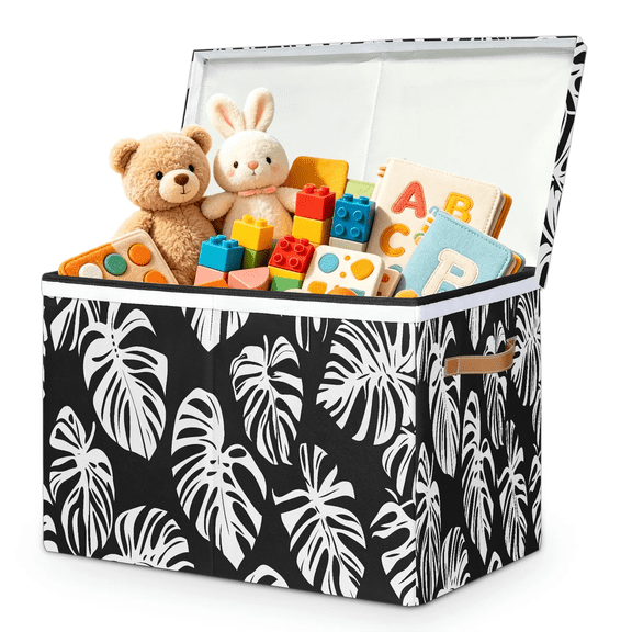 Jiaoprinted Black White Tropical Leaf Large Toy Storage Box with Lid and Divider, Jungle Foldable Toy Storage Organizer, Stackable Storage Container Home Organization, 85L