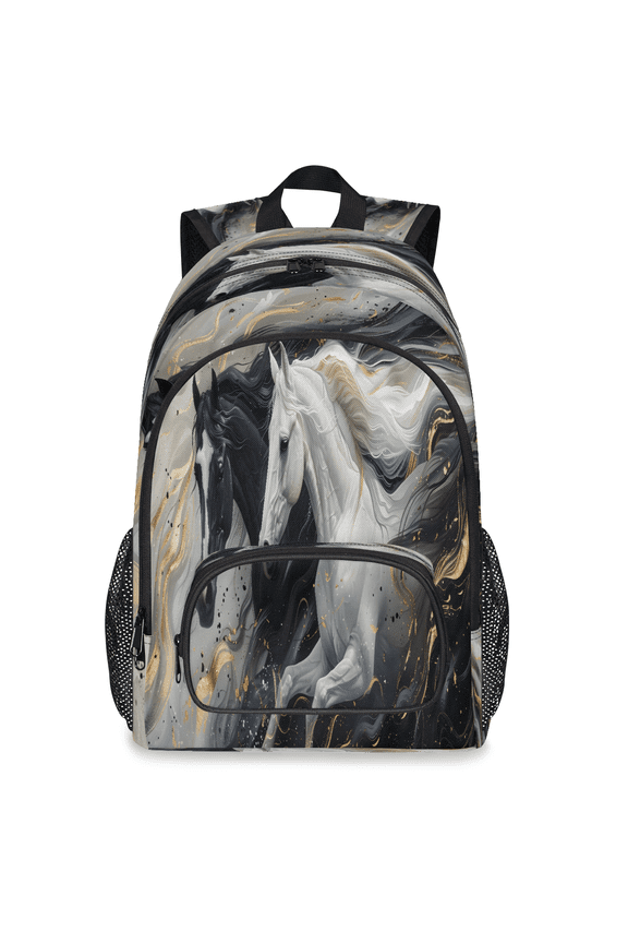 Black and White Horse Backpack, Large Marble Travel Laptop Backpack Men Women Work Business Computer Casual Daypack Rucksack, 18 Inch