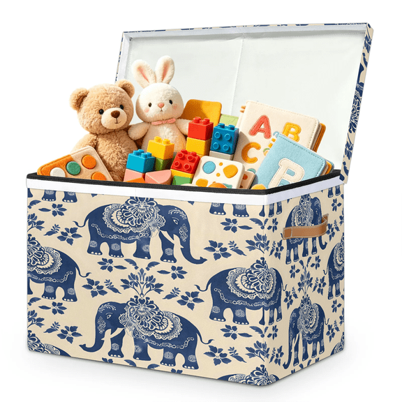 Jiaoprinted Blue Elephants Floral Large Toy Storage Box with Lid and Divider, Ethnic Animal Foldable Toy Storage Organizer, Stackable Storage Container Home Organization, 85L