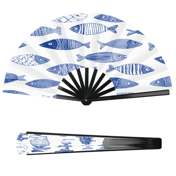 Jiaoprinted Blue Fish Pattern Folding Hand Fan, Large Portable Handheld ...