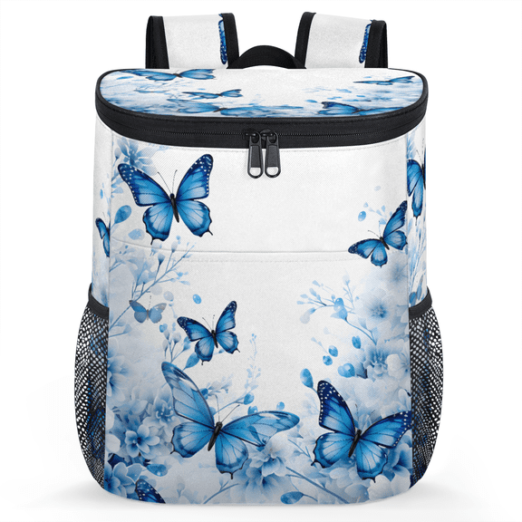 Jiaoprinted Blue Floral Butterfly Portable Leakproof Cooler Backpack, Spring Wildflower Insulated Backpack Cooler for Picnic Camping