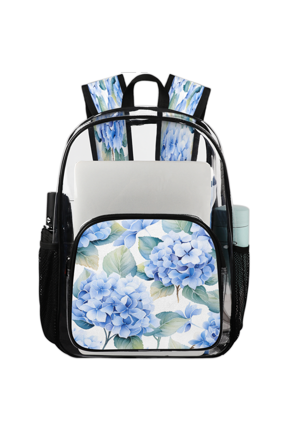 Blue Hydrangea Clear Backpack for Stadium Events, Transparent Backpacks See Through Plastic Bag for Concerts & Work, Spring Flowers Leaves