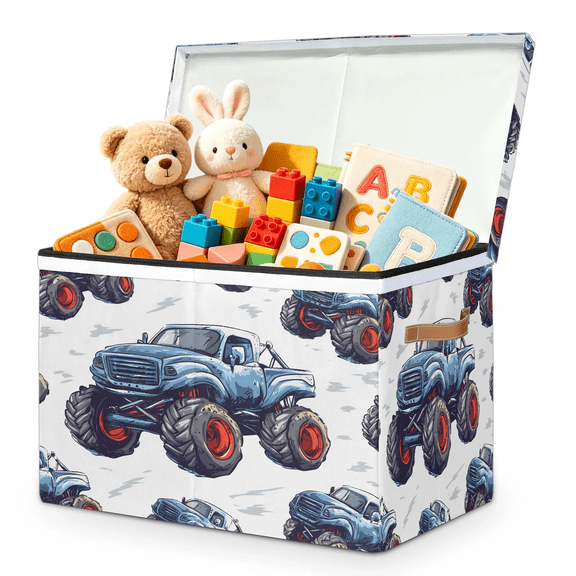 Jiaoprinted Blue Monster Trucks Large Toy Storage Box with Lid and Divider, Cartoon Car Foldable Toy Storage Organizer, Stackable Storage Container Home Organization, 85L