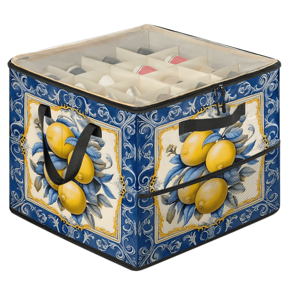 Jiaoprinted Blue Tiles Lemon Shoe Organizer for Closet, Adjustable Divider Shoe Storage Bin with Clear Lid, Foldable Stackable Closet Shoe Storage with Side Mesh Pocket, Mediterranean