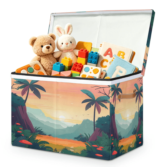 Jiaoprinted Boho Jungle Natural Toy Storage Box Chest with Lid & Divider, Tropical Palm Tree Sunset Foldable Toy Organizer Bin with Sturdy Handles for Nursery Living Room, 85L, 25"x13"x16"