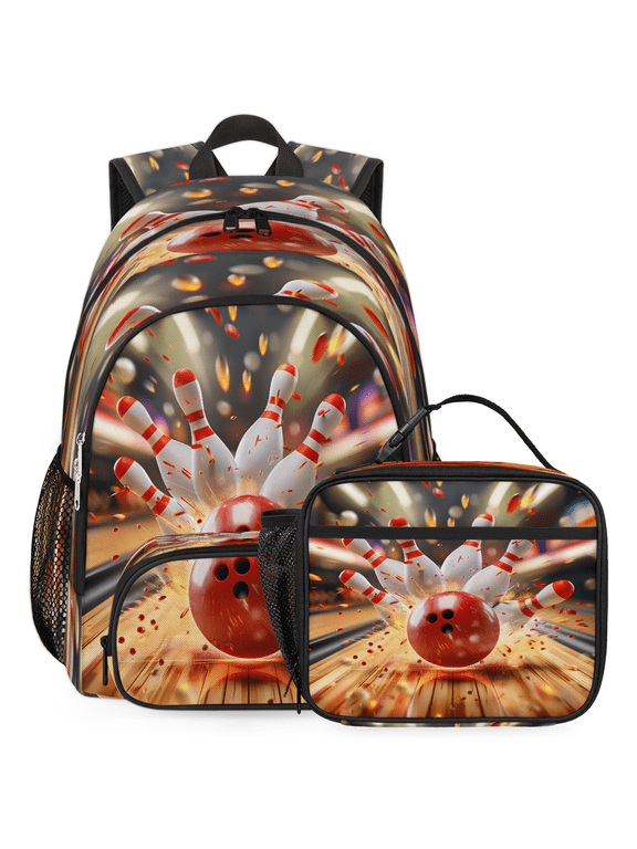 Bowling Ball Backpack with Lunch Bag Set, 18.3 Inch Travel Laptop Backpack with Insulated Cooler Lunch Box, Retro Sports Casual Daypack Work Bag
