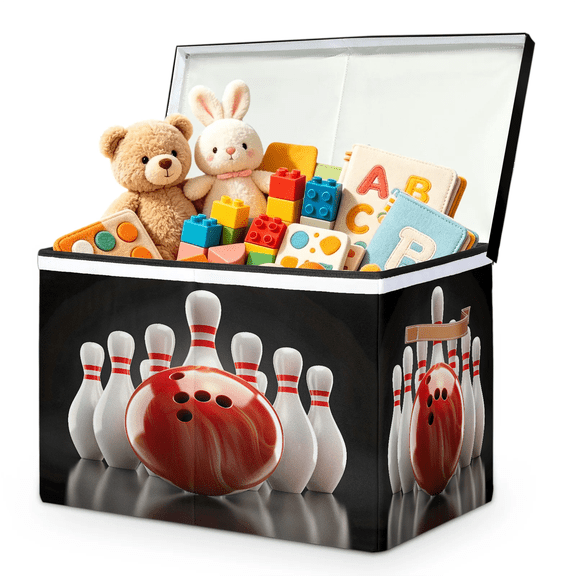 Jiaoprinted Bowling Ball Toy Storage Box Chest with Lid & Divider, Sports Foldable Toy Organizer Bin with Sturdy Handles for Nursery Living Room, 85L, 25"x13"x16"